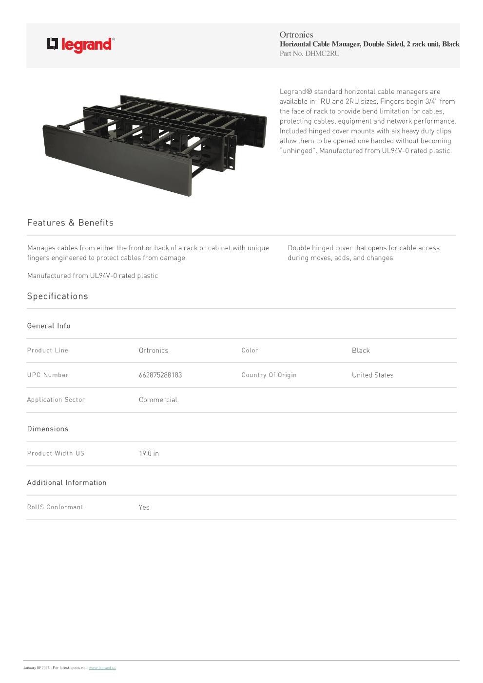 LEGRAND ORTRONICS OR-DHMC2RU DOUBLE SIDED HORIZONTAL CABLE MANAGER, RACK MOUNT