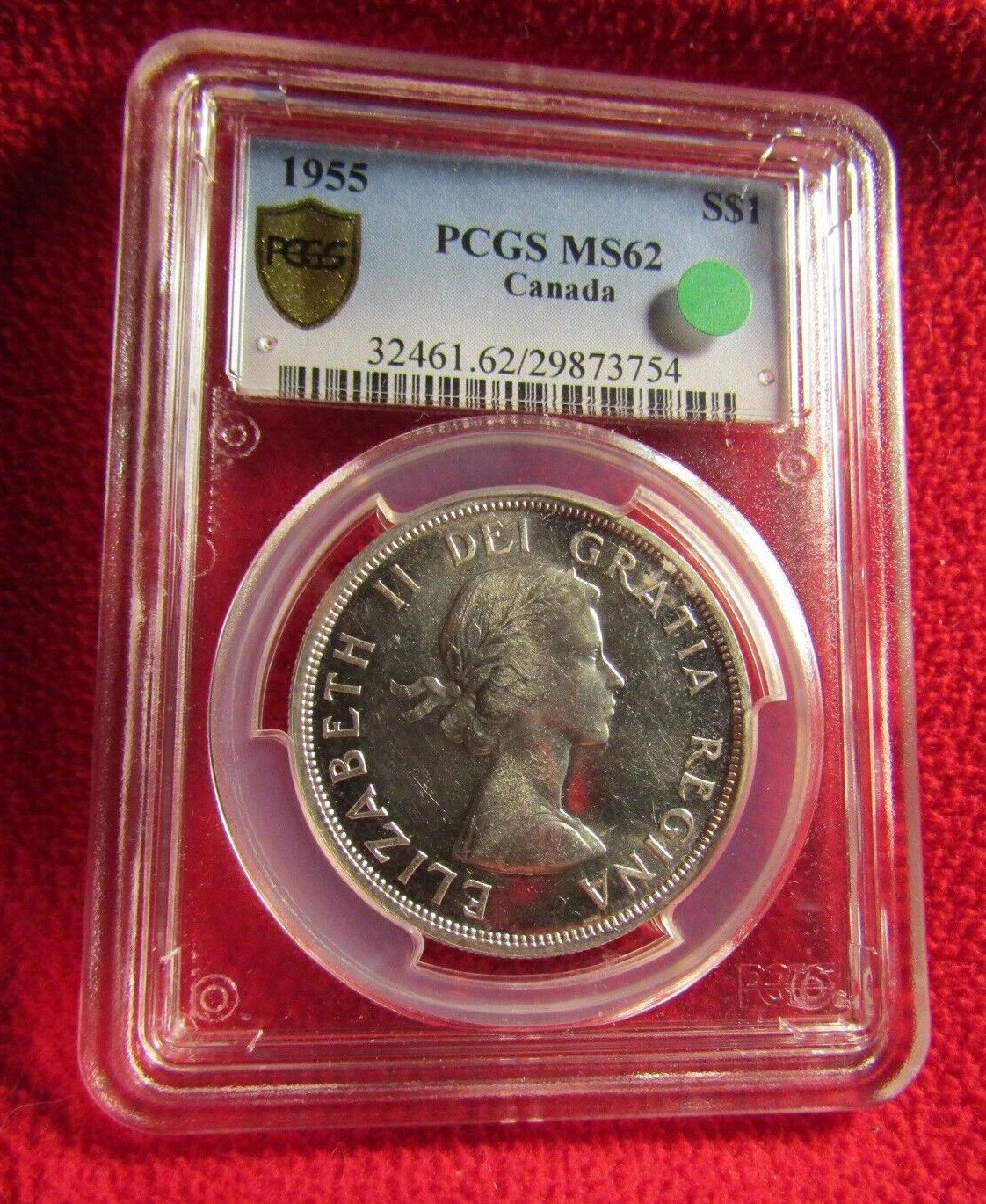 1955 CANADA SILVER DOLLAR...PCGS MS 62..PCGS   GOLD   SHIELD...VERY  NICE   COIN