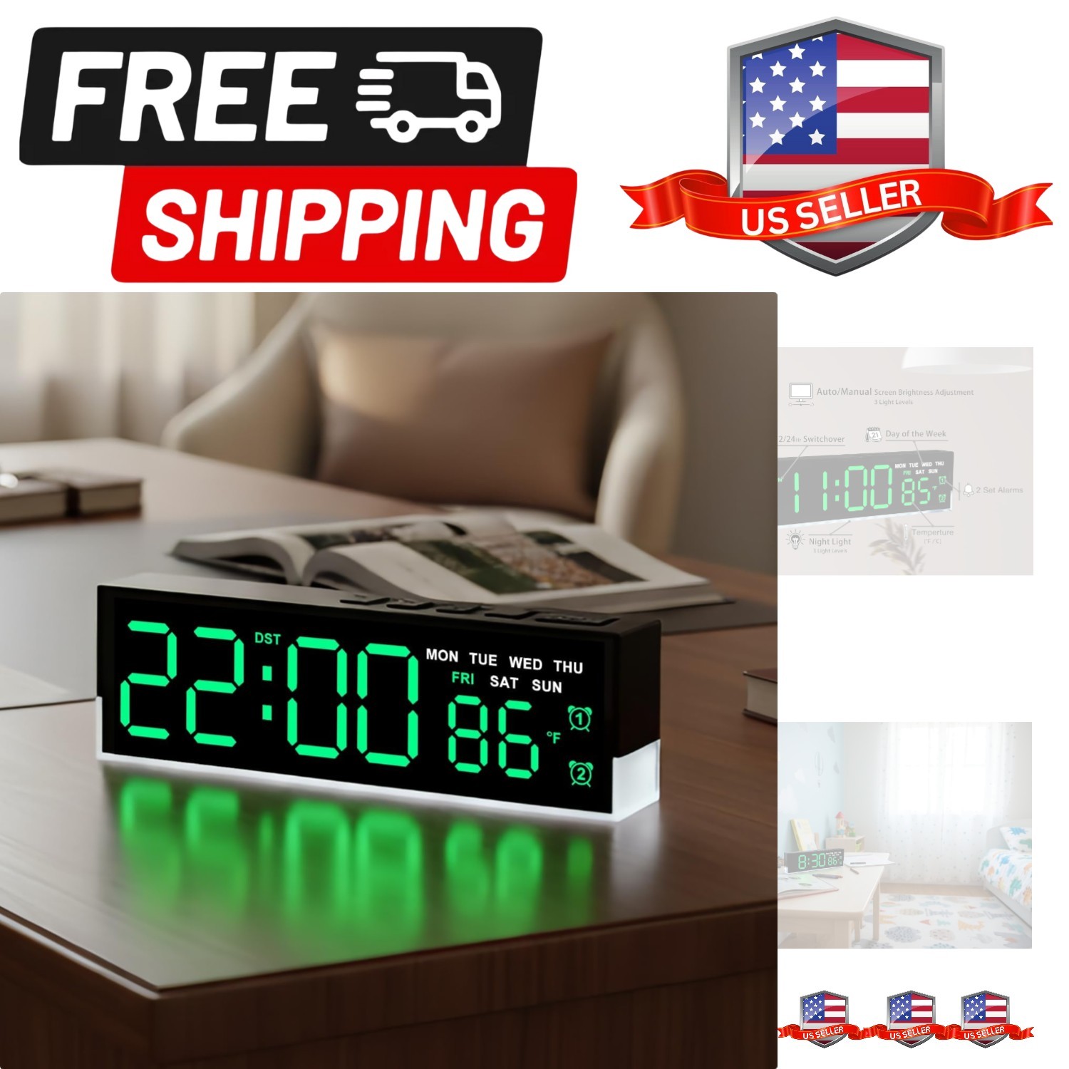 7-Inch Modern LED Digital Alarm Clock with Dual Alarms & Soft Bottom Light｜Di...