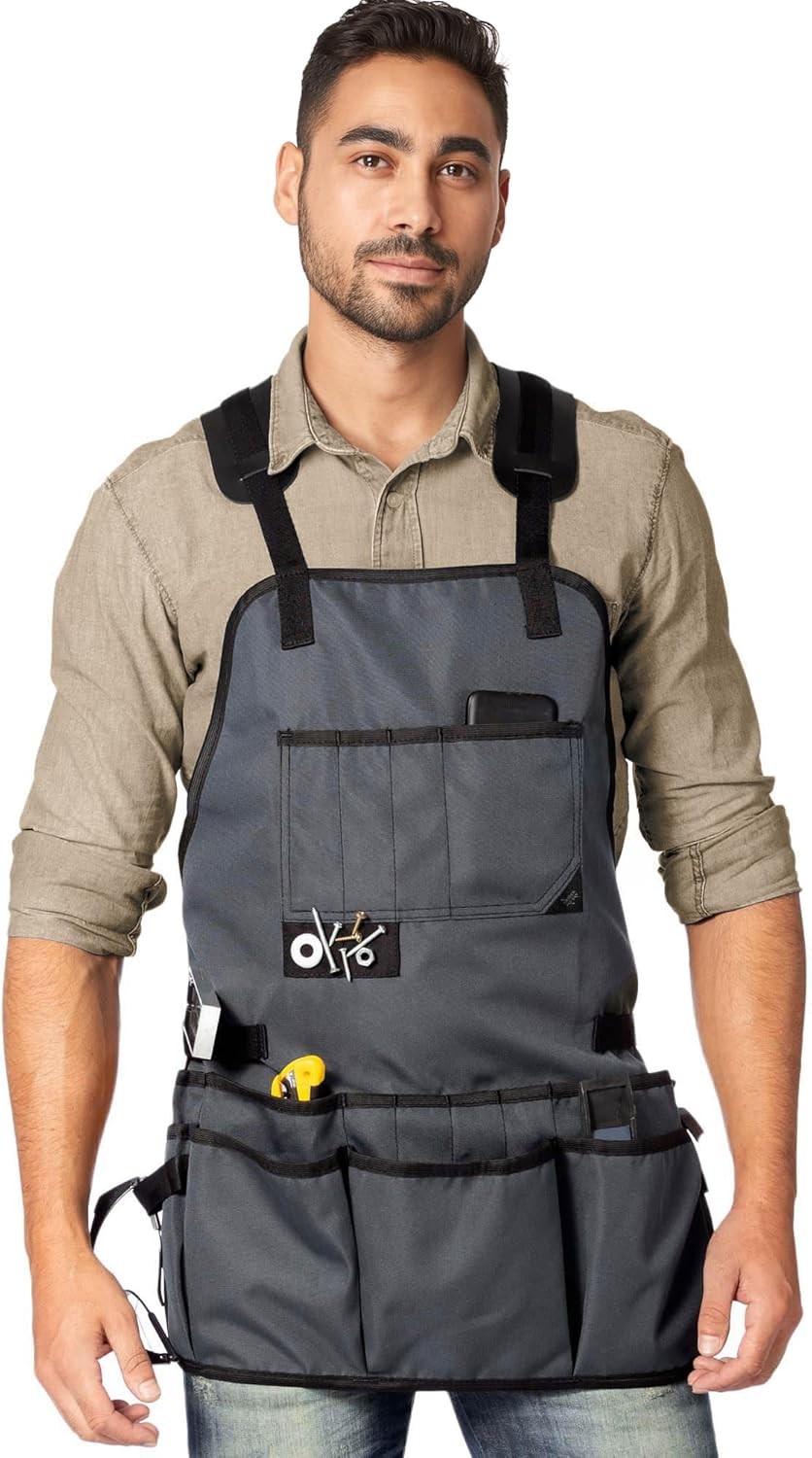 Gray Canvas Cross Back Tool Apron 18 Pockets Magnetic Holder