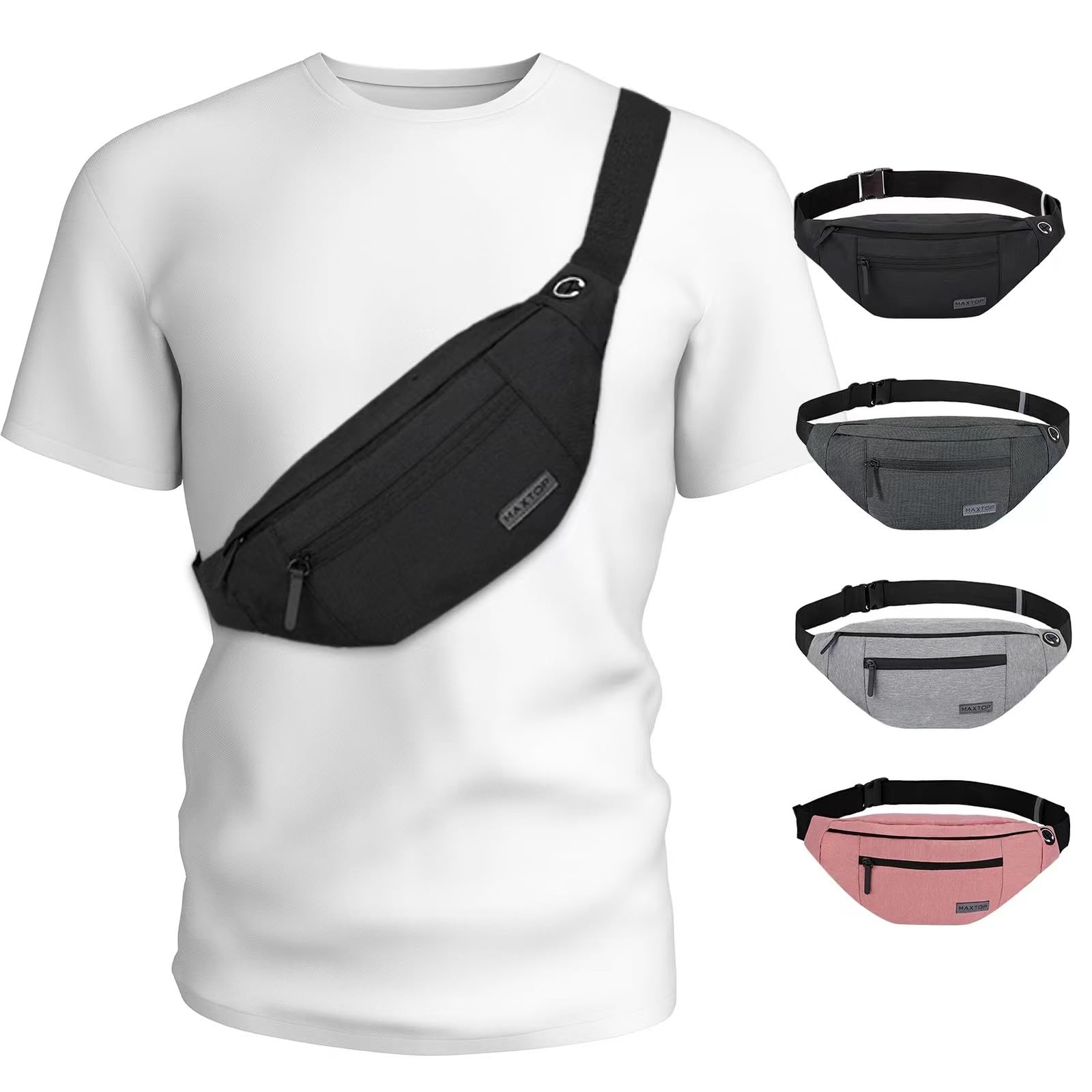 MAXTOP Large Crossbody Fanny Pack with Large, Black(4 Zipper Pockets)