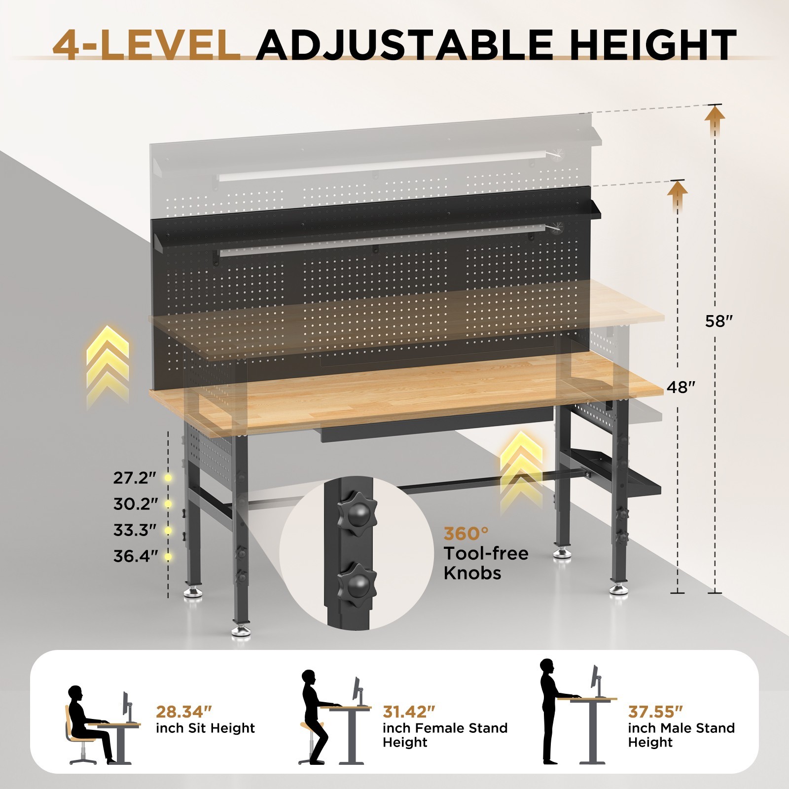 Solid Wood 60" Workbench 2000lb LED Power Height Adjustable Wheels