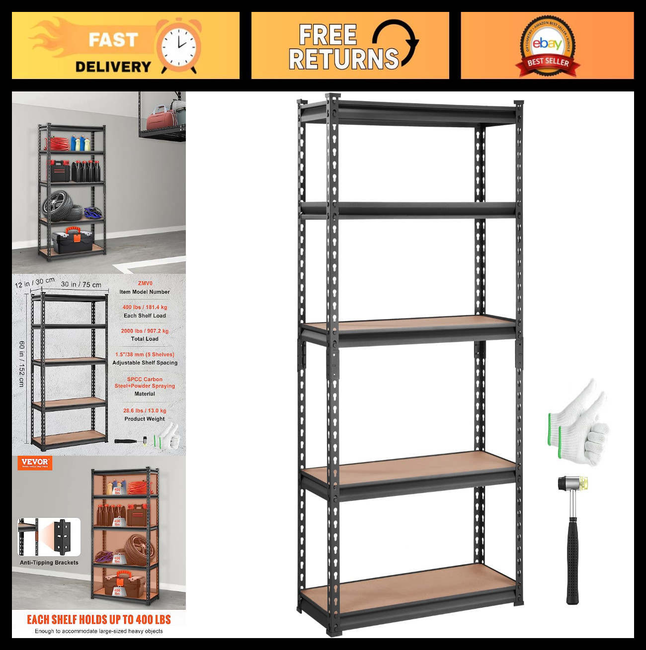 5-Tier Heavy Duty Metal Storage Shelving Unit, Adjustable Utility Rack, 2000 lbs