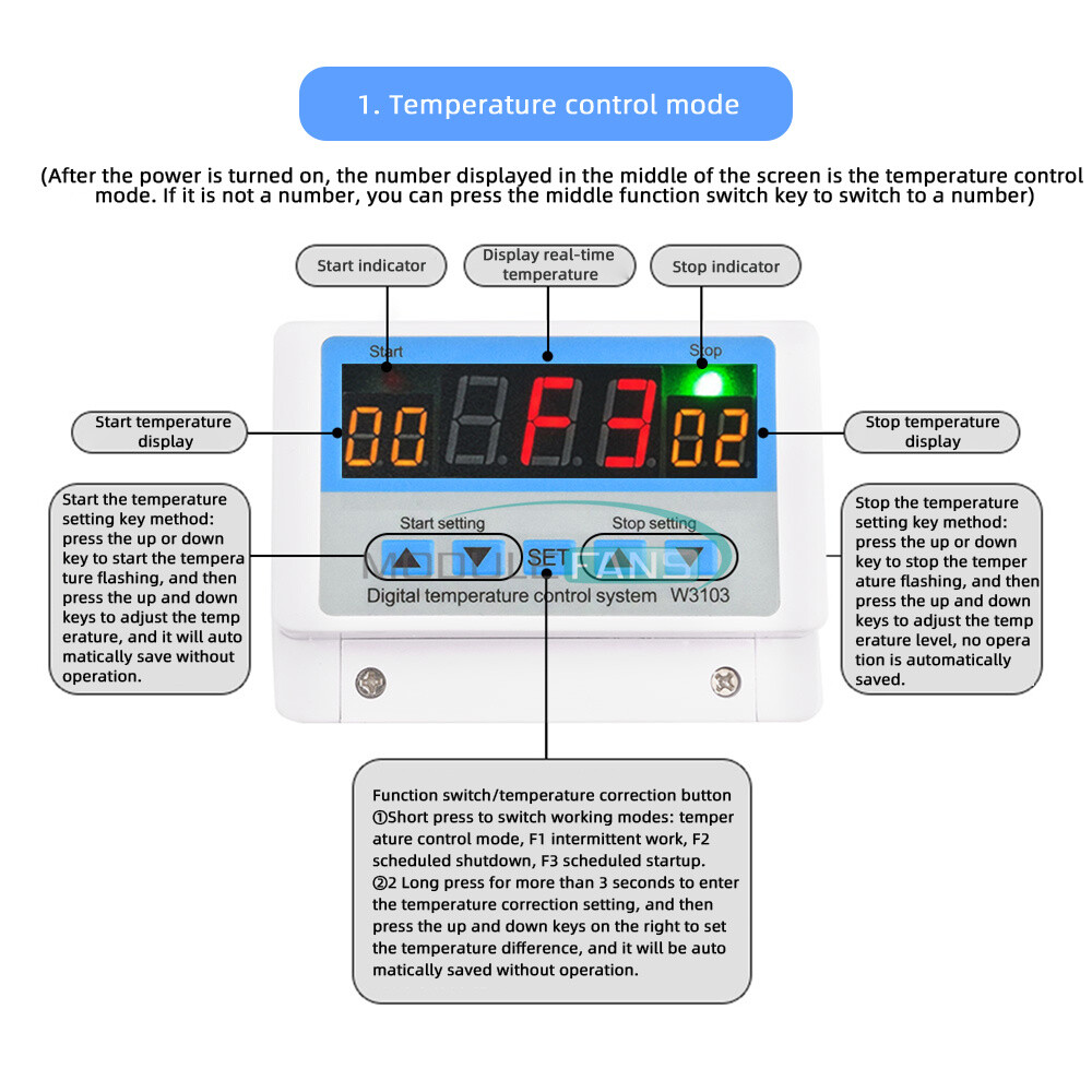 W3103 Digital Wall-Mounted Temperature Controller Thermostat 30A 12V/24V/220V