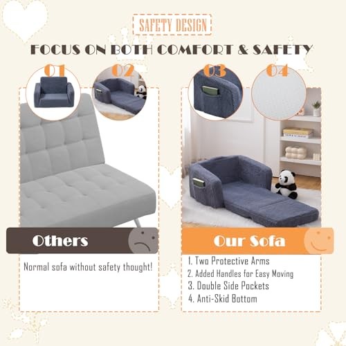 Toddler Baby Chair Couch Sofa Kids Foldable 2-in-1 Sherpa Fold Out Couch Grey