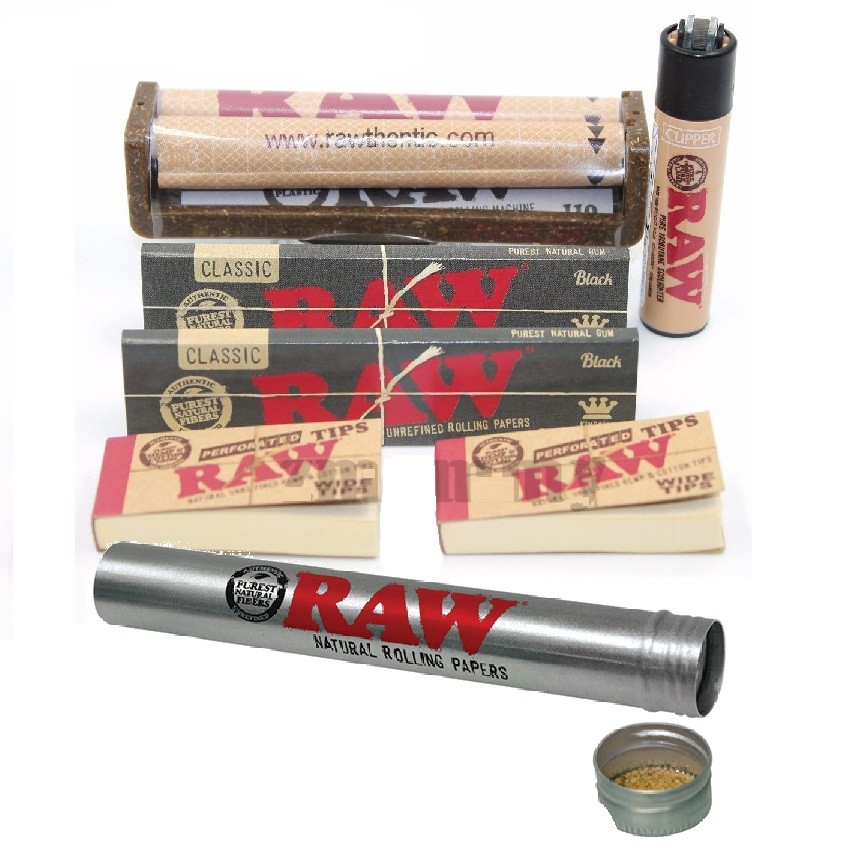 RAW Rolling Paper Bundle King Size Black+110mm Roller+Lighter+Tips+Storage Tube