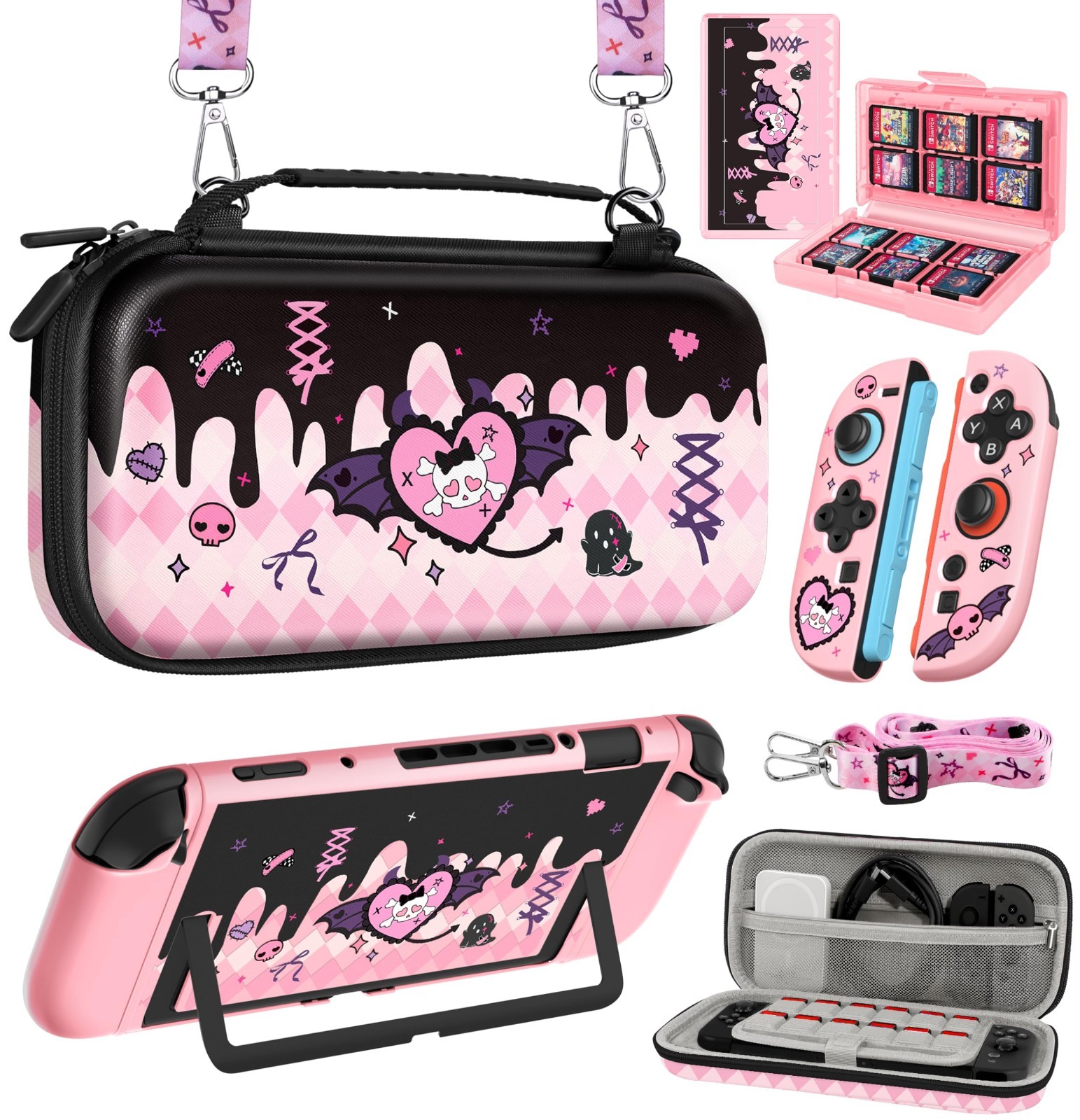 6-in-1 Nintendo Switch Accessories Bundle - Cute Carrying Case, Joy-Con Grips, G