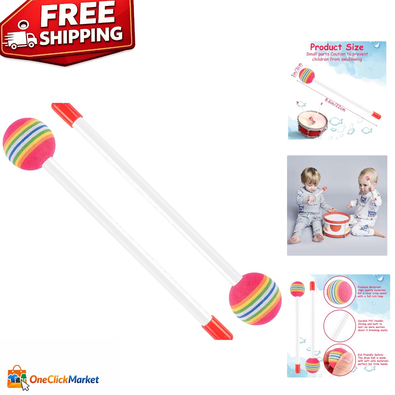 Rainbow Lollipop Drumsticks - 2 Pcs Felt Mallets for Kids’ Musical Play