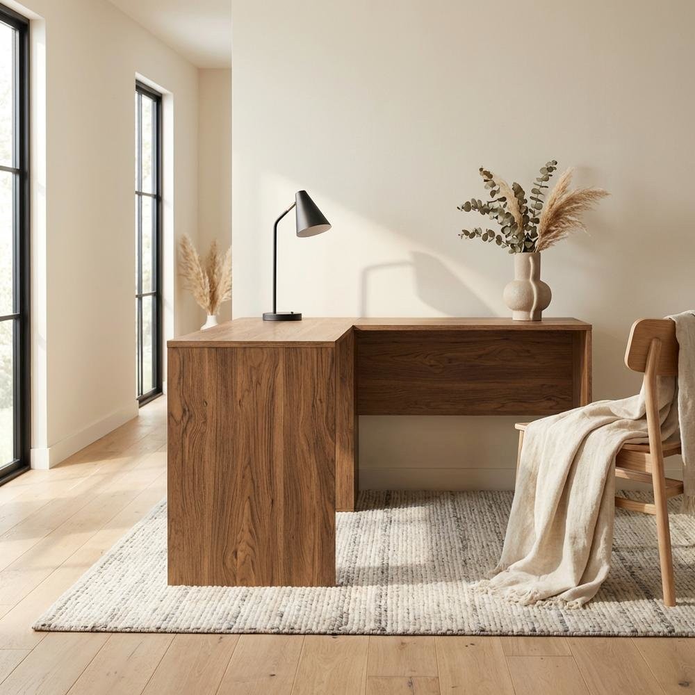 L-Shaped Wood Office Desk with Spacious Work Surface and Sturdy Legs