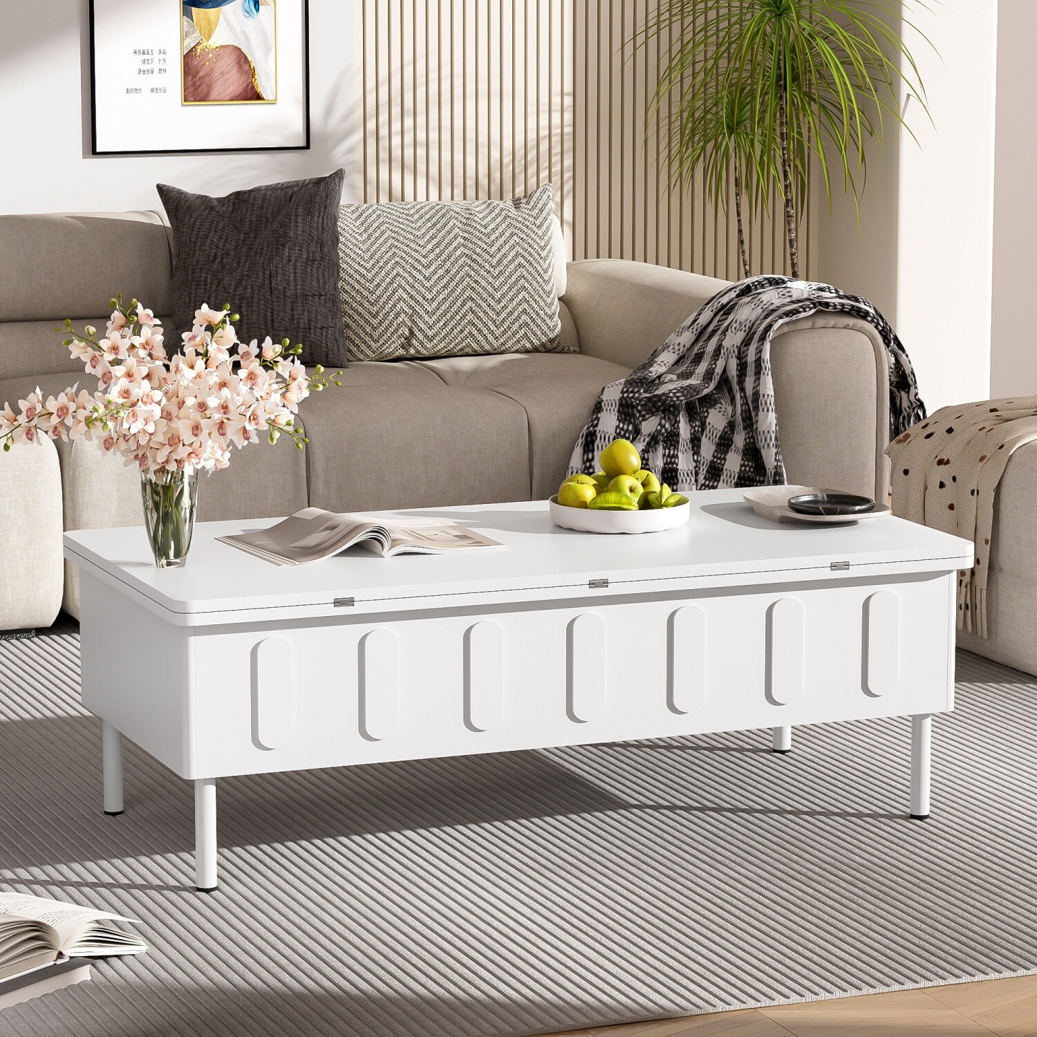 Modern Lift Top Coffee Table Center Cocktail Table with Foldable Top & 2 Drawers