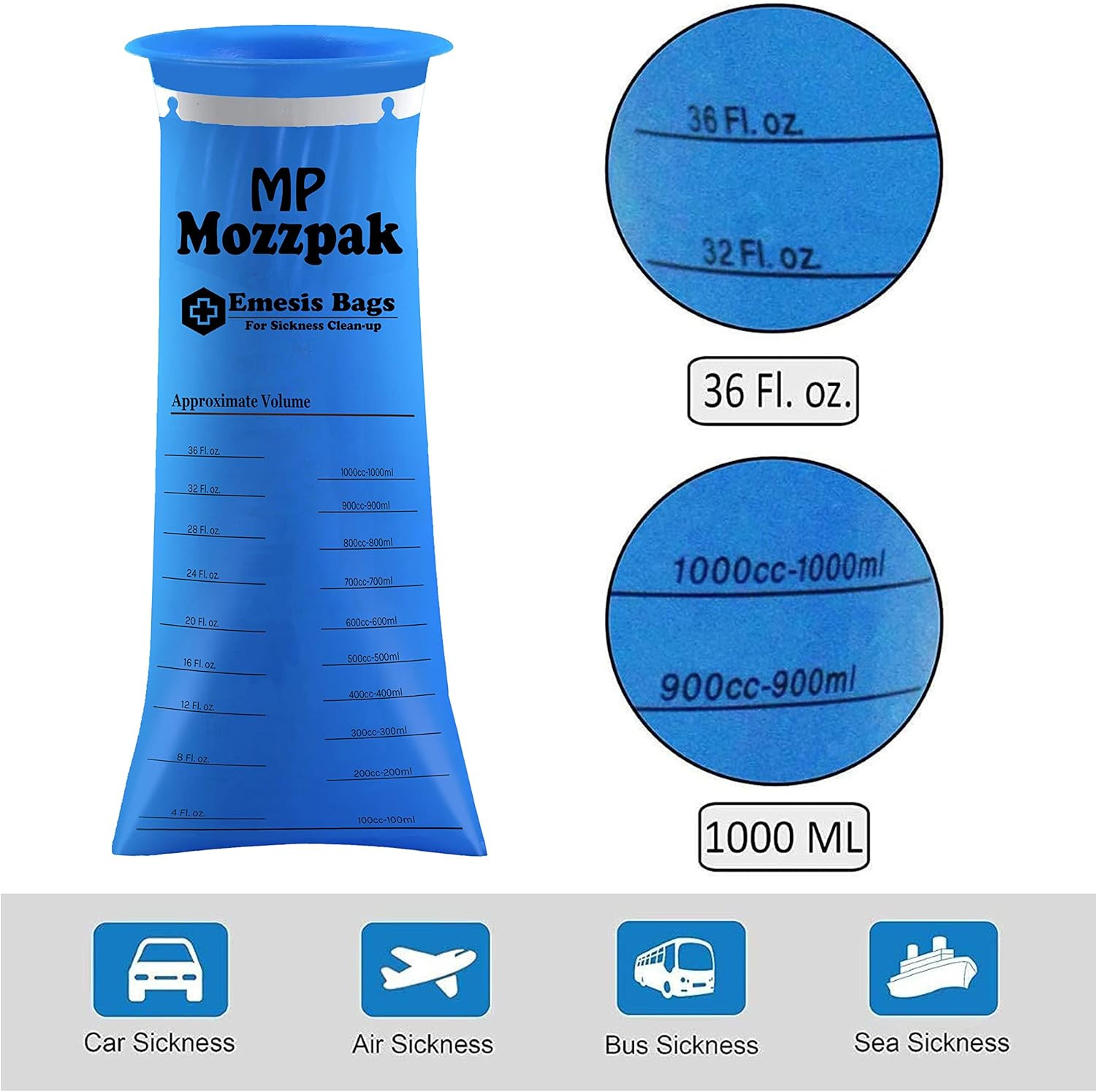 Vomit Bags Disposable 50 Pack - 1000Ml Emesis Bags, Leak-Proof Barf Bag, Travel