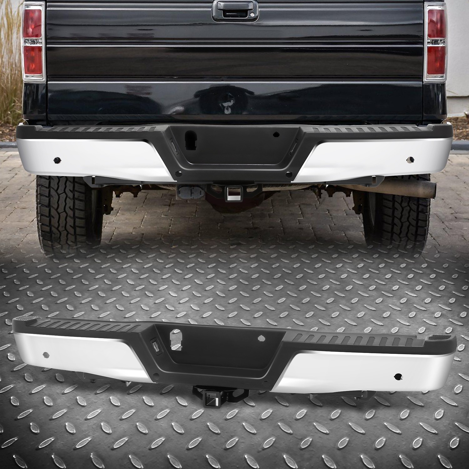 For 15-20 F150 Rear Bumper Assembly w/Sensor Hole & Towing Hitch Receiver Chrome