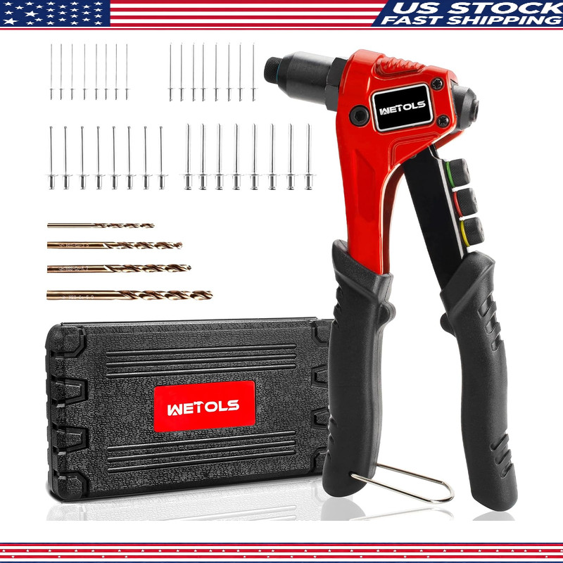 Manual Pop Rivet Gun Kit 4 Tool-Free Interchangeable Heads, Drill Bits, 200 Blin