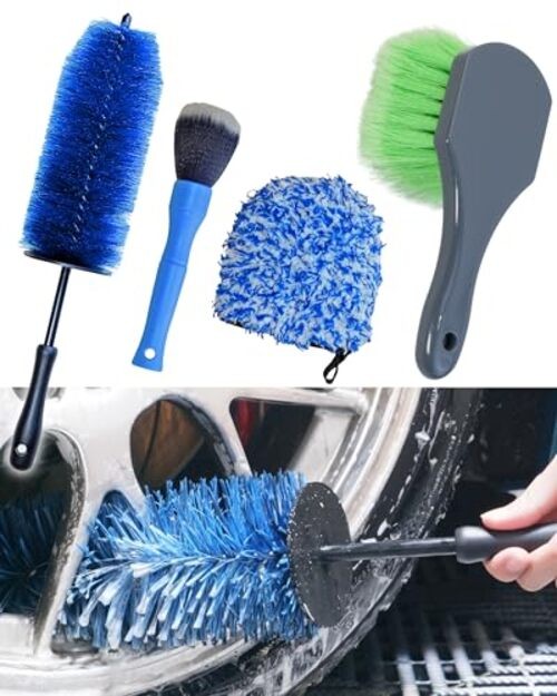 Car Wheel Cleaning Kit: Wheel and Rim Flagged Tip Brush, Bendable Barrel
