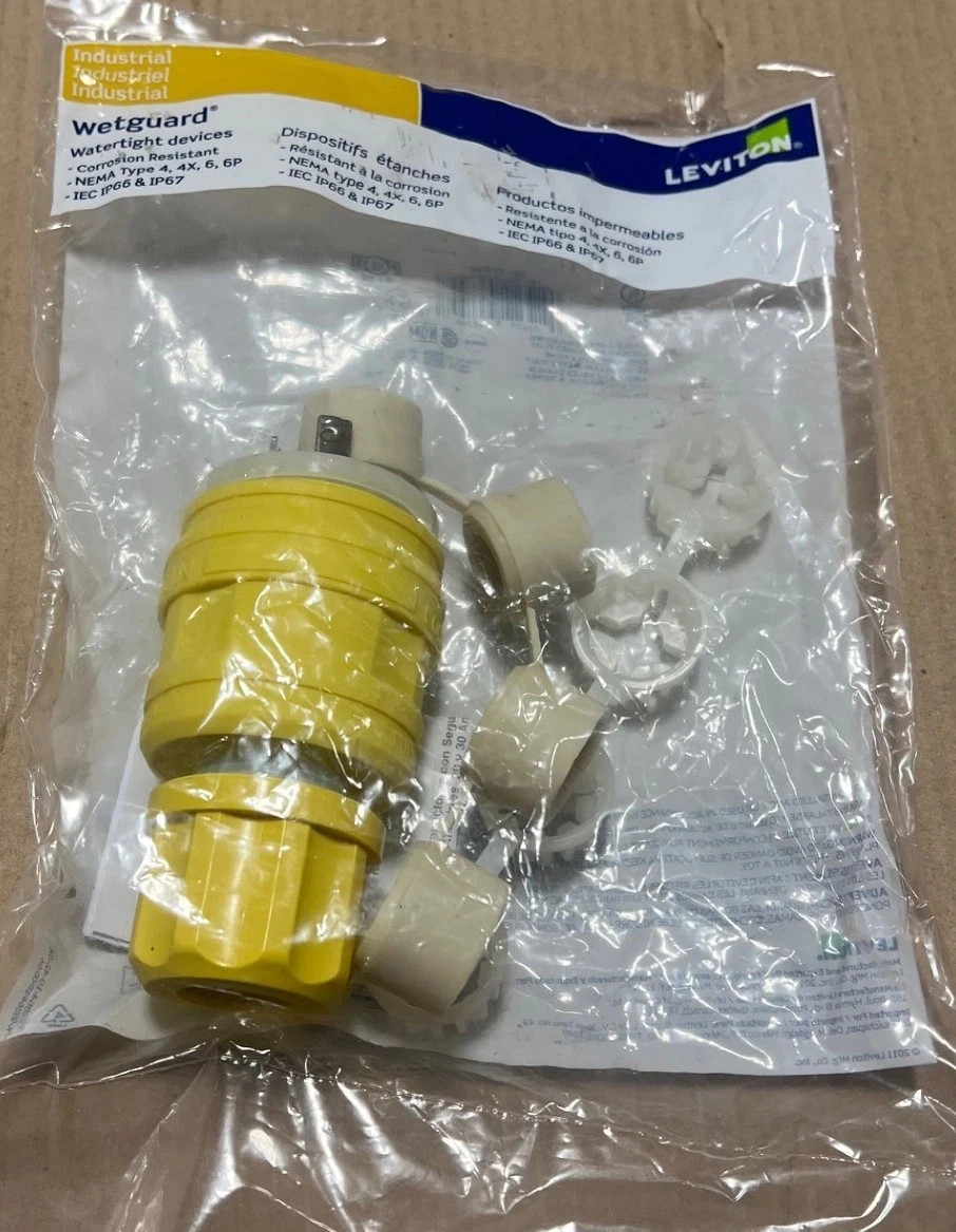 LEVITON 26W48 WETGUARD LOCKING PLUG, 2-POLE, 3-WIRE, 20 A, 250 V, 792T89, NEW!!!