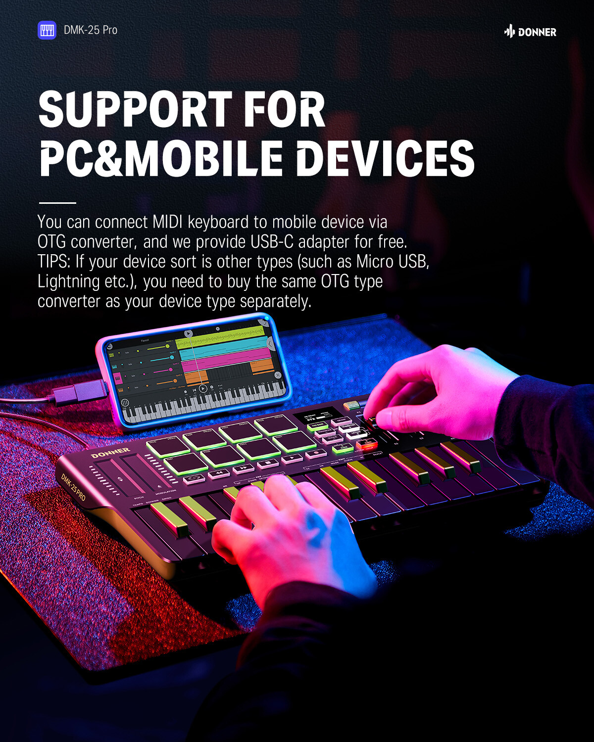 Donner DMK-25 Pro USB-C MIDI Keyboard DJ Controller 25 Key 8 Drum Pads Touch Bar