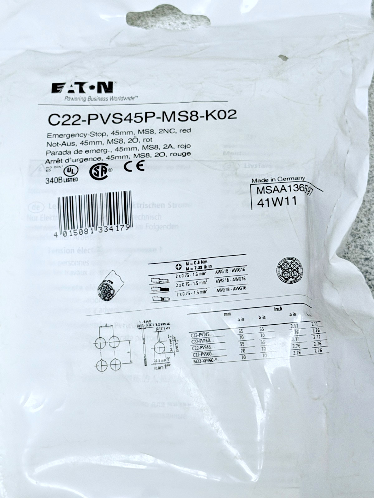 NEW Eaton C22-PVS45P-MS8-K02 Emergency Stop Switch 45mm Red Key Release 2NC 22.5