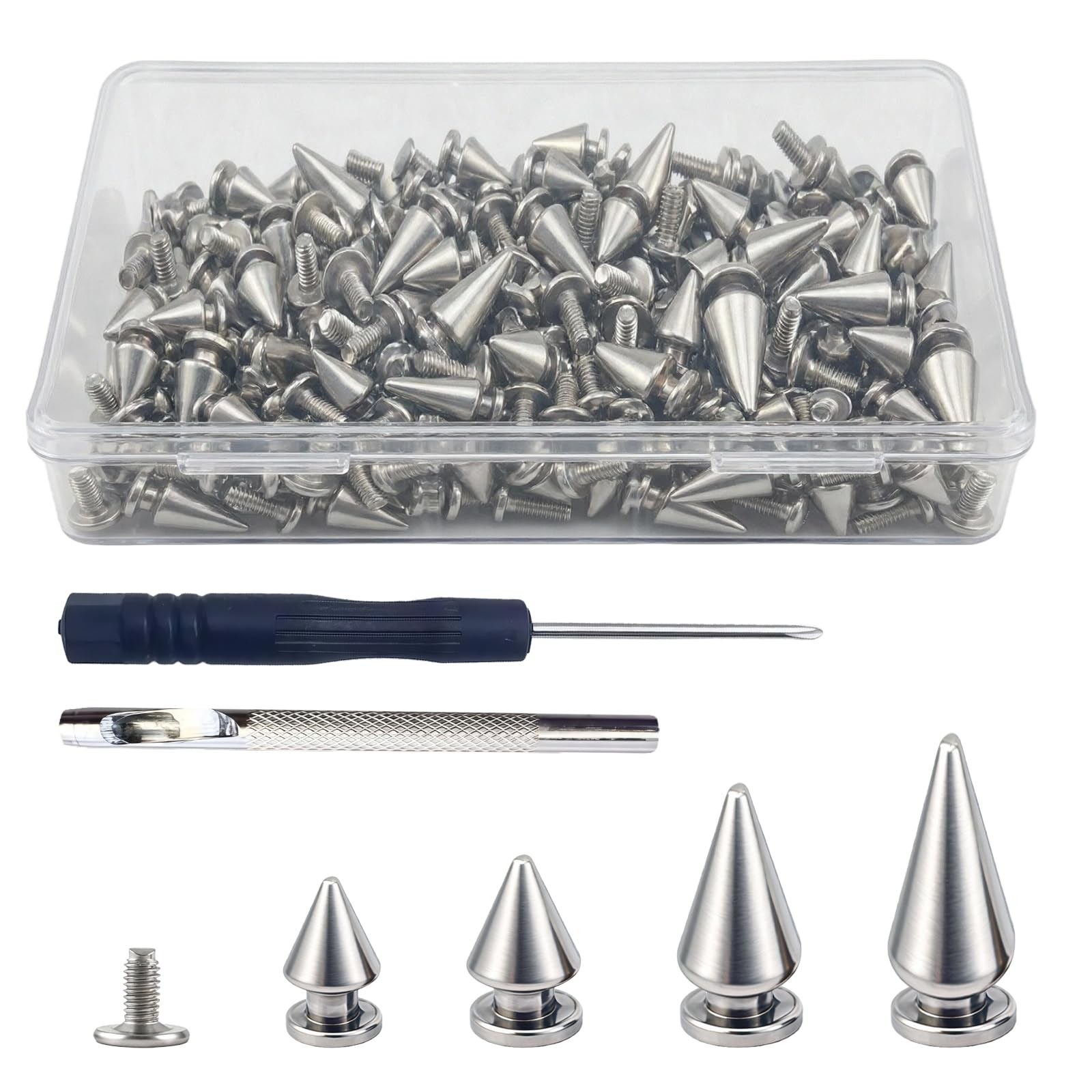 162Pcs Metal Cone Spikes Screwback Stud Rivets 4 Sizes for DIY Punk Crafts Decor