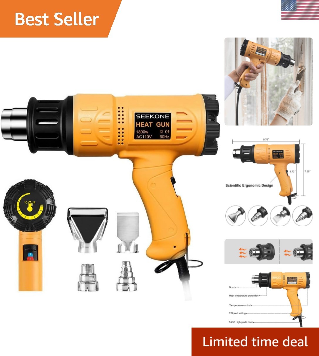 Ergonomic 1800W Heat Gun for Crafts - Adjustable Temp & 4 Attachments Included
