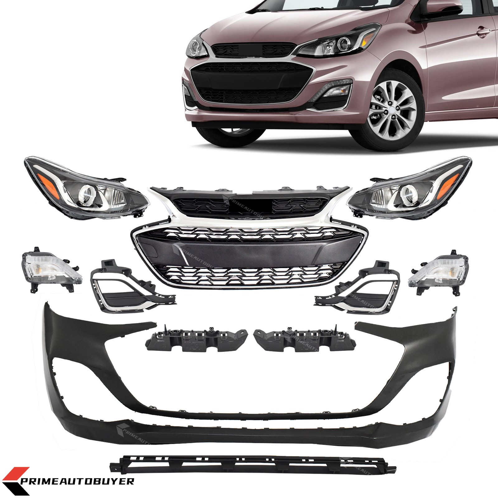 Front Bumper Cover For Chevrolet Spark 2019-2022 W/Grille/Headlight/Fog Lamp Set