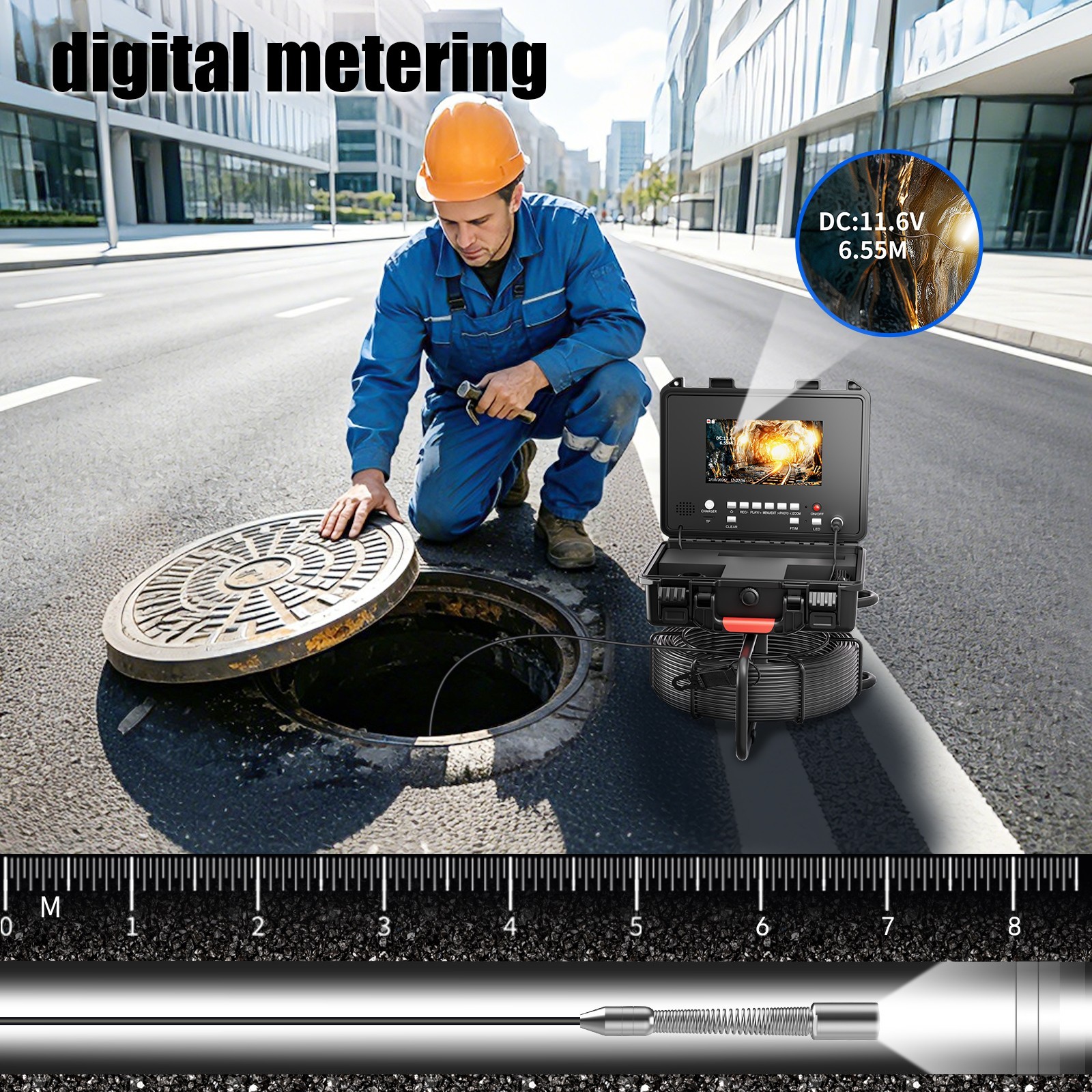 30m Pipe Sewer Inspection Camera w/ Meter Counter Drain Sewer Endoscope 7" DVR
