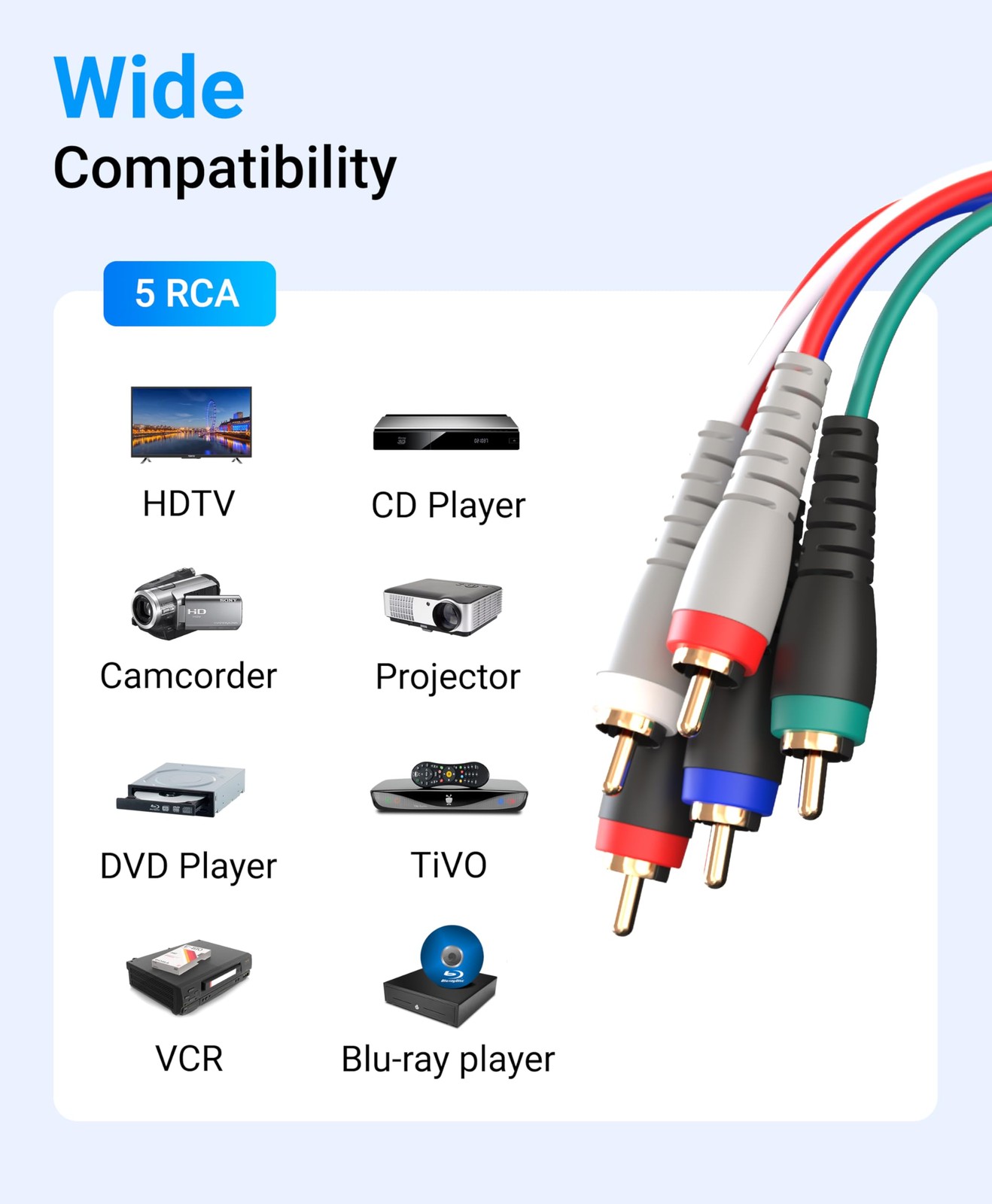 BlueRigger Component Video Cable with Audio (3FT, RCA- 5 3FT, Multicolored