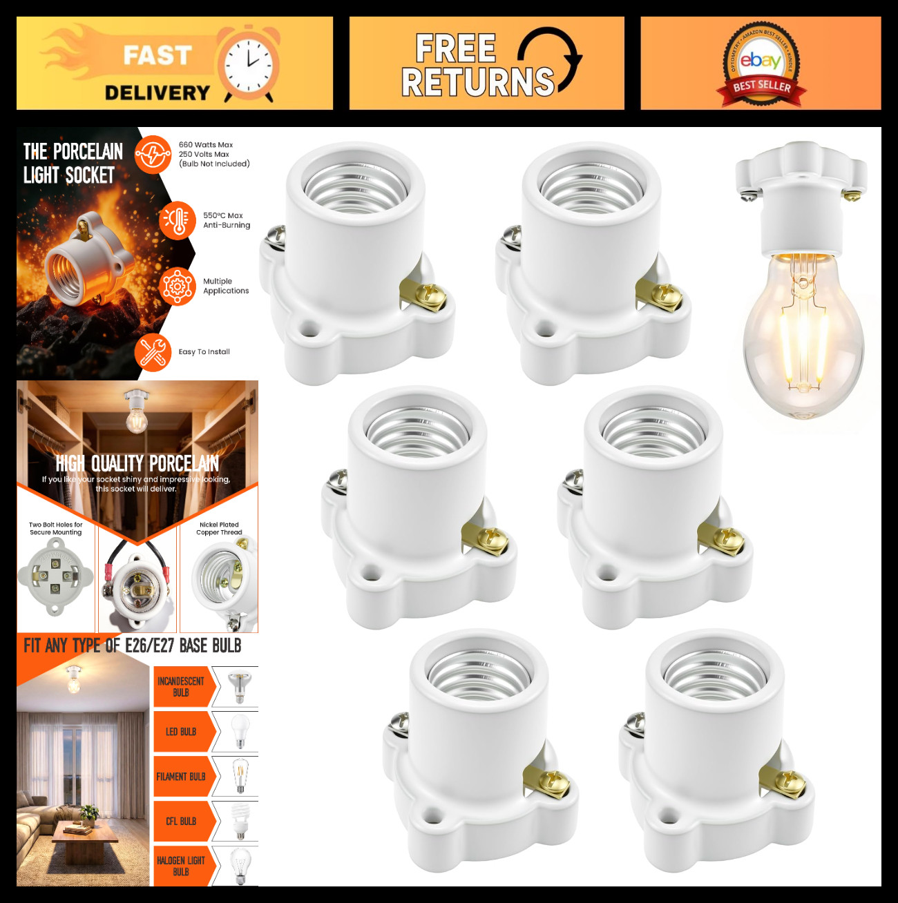 6Pcs Keyless E26/E27 Porcelain Socket, 250V 660W, Indoor/Outdoor Use, White Flan