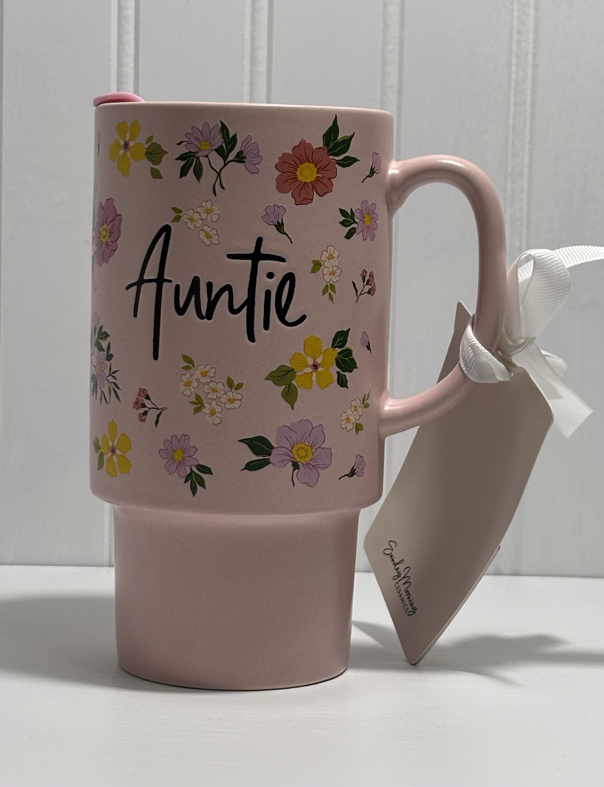 Sunday Morning Ceramics Auntie Floral Ceramic Travel Mug with Lid Gift