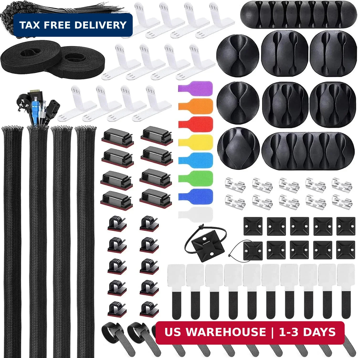 Cable Management Kit - 4 Cable Sleeve, 57 Self Adhesive Cable Clips, 12 Hanging