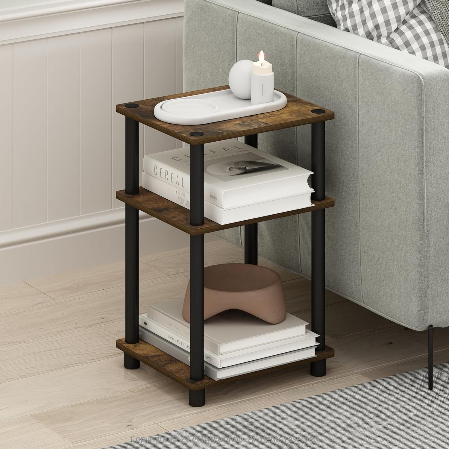 Sturdy 3-Tier End Table with Open Shelves - Amber Pine Finish, Compact Design