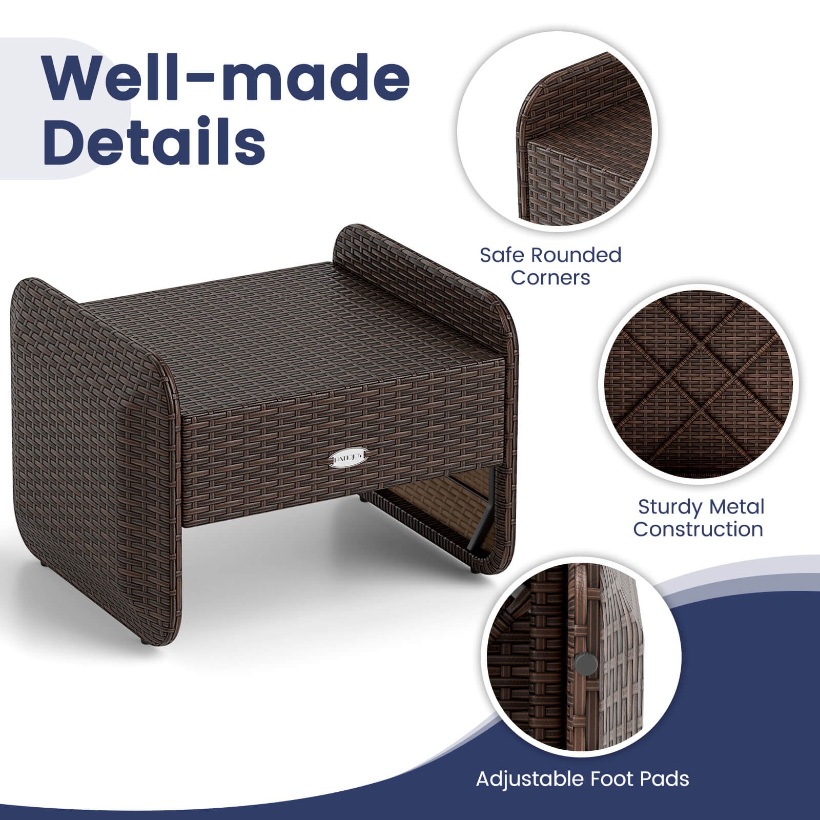 2 Pieces Outdoor Patio PE Wicker Ottomans with Removable Cushions Footstools