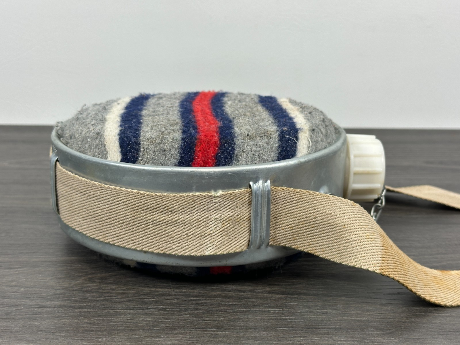 Vintage Galvanized Canteen Metal Wool Felt Covered with Strap