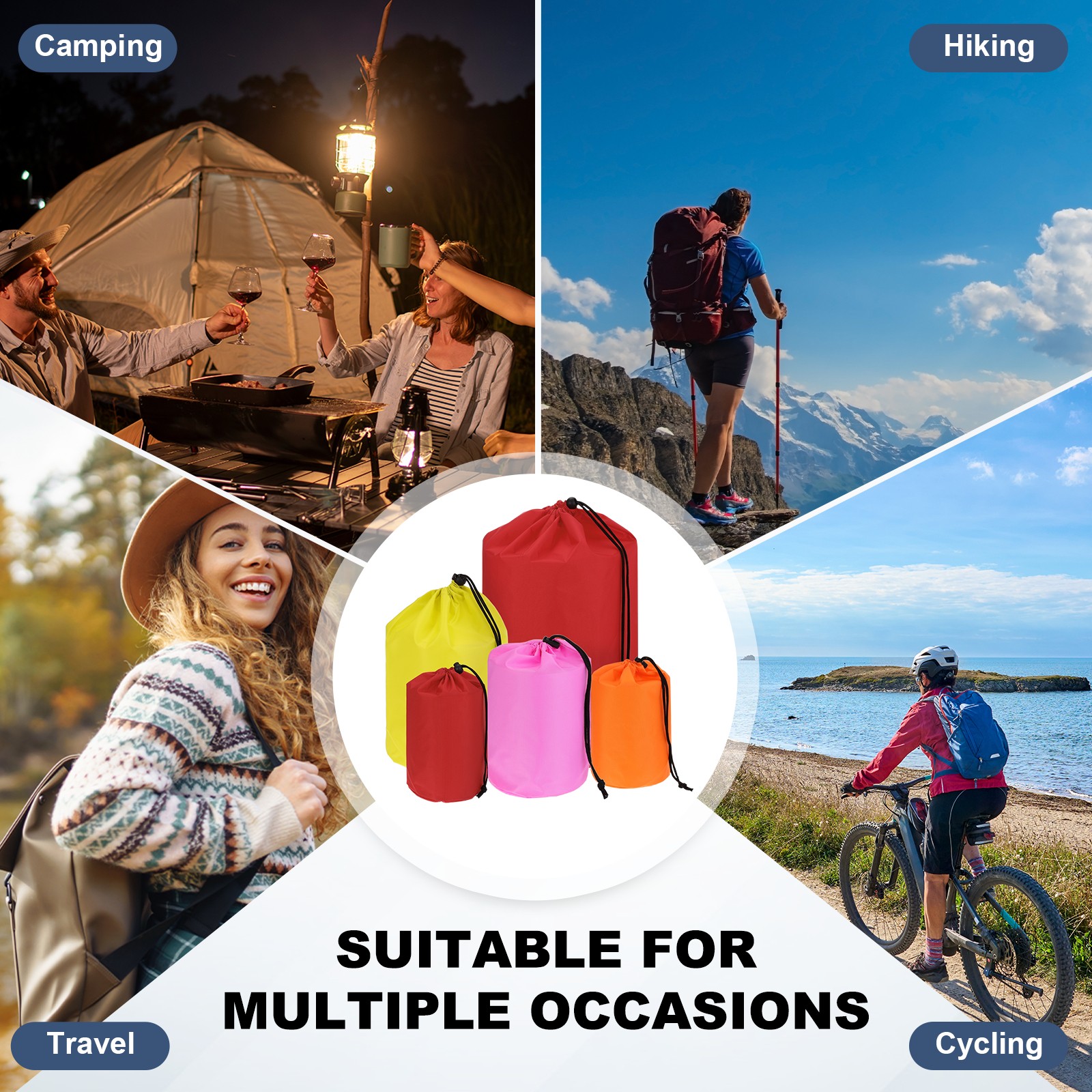 3Pack Drawstring Bag Storage Bags for Backpacking 5x10 Inch Sapphire