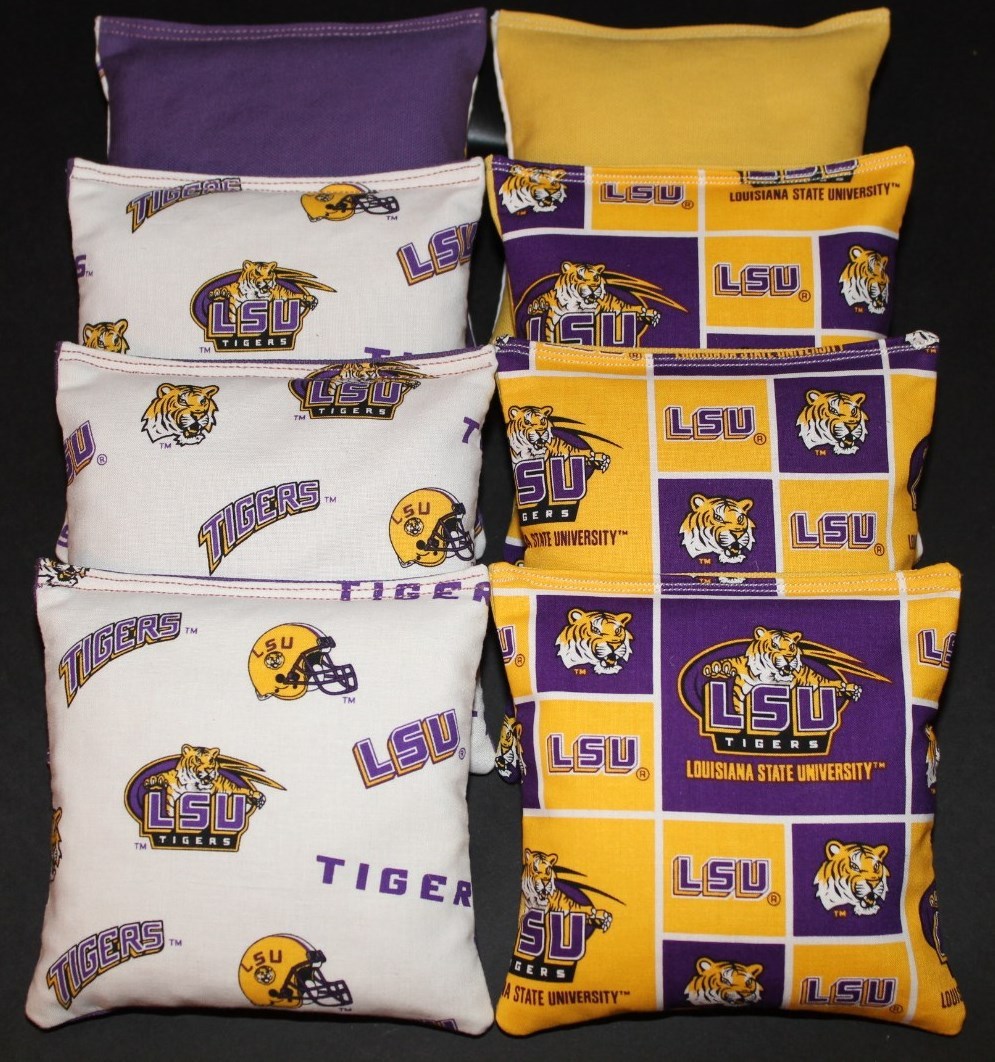 8 All Weather CORNHOLE BEANBAGS made w LOUISIANA University LSU TIGERS Fabric