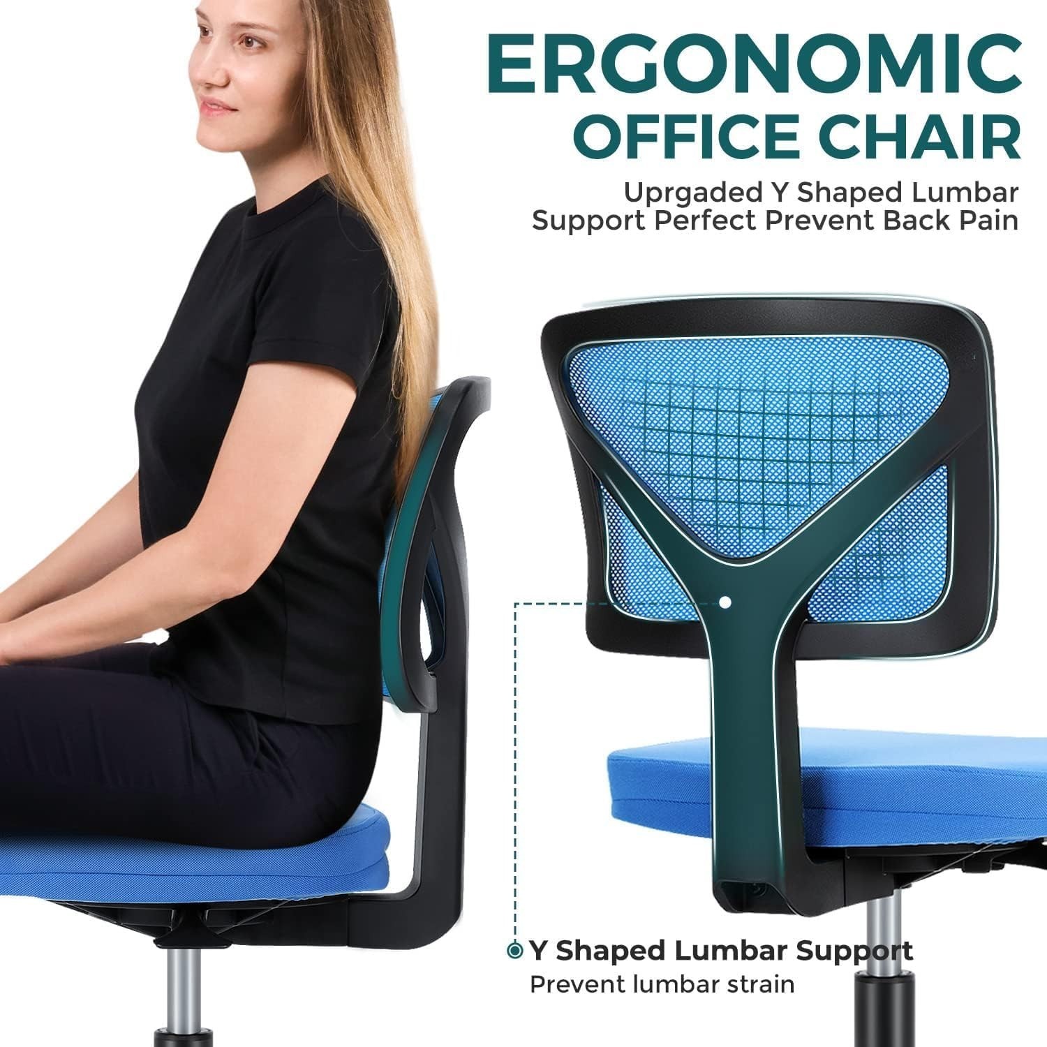 Compact Rolling Desk Chair with Y-shaped Backrest | Max 250 lbs Support