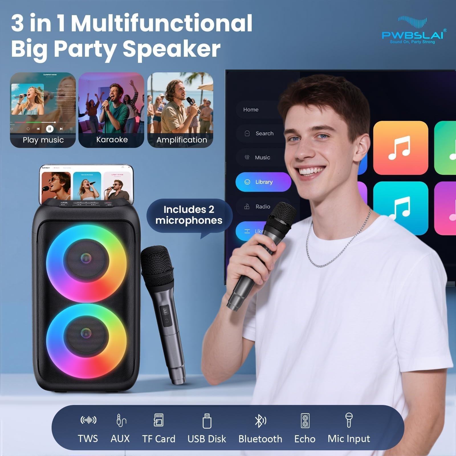 Wireless Bluetooth Speaker with 2 Microphones - Portable Karaoke Party System wi
