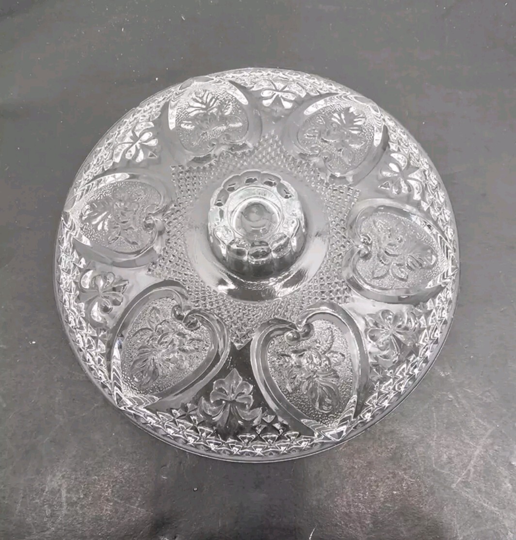 Vintage KIG Malaysia Pressed Covered Glass Candy Dish 6" Lid Only Hearts,Flowers