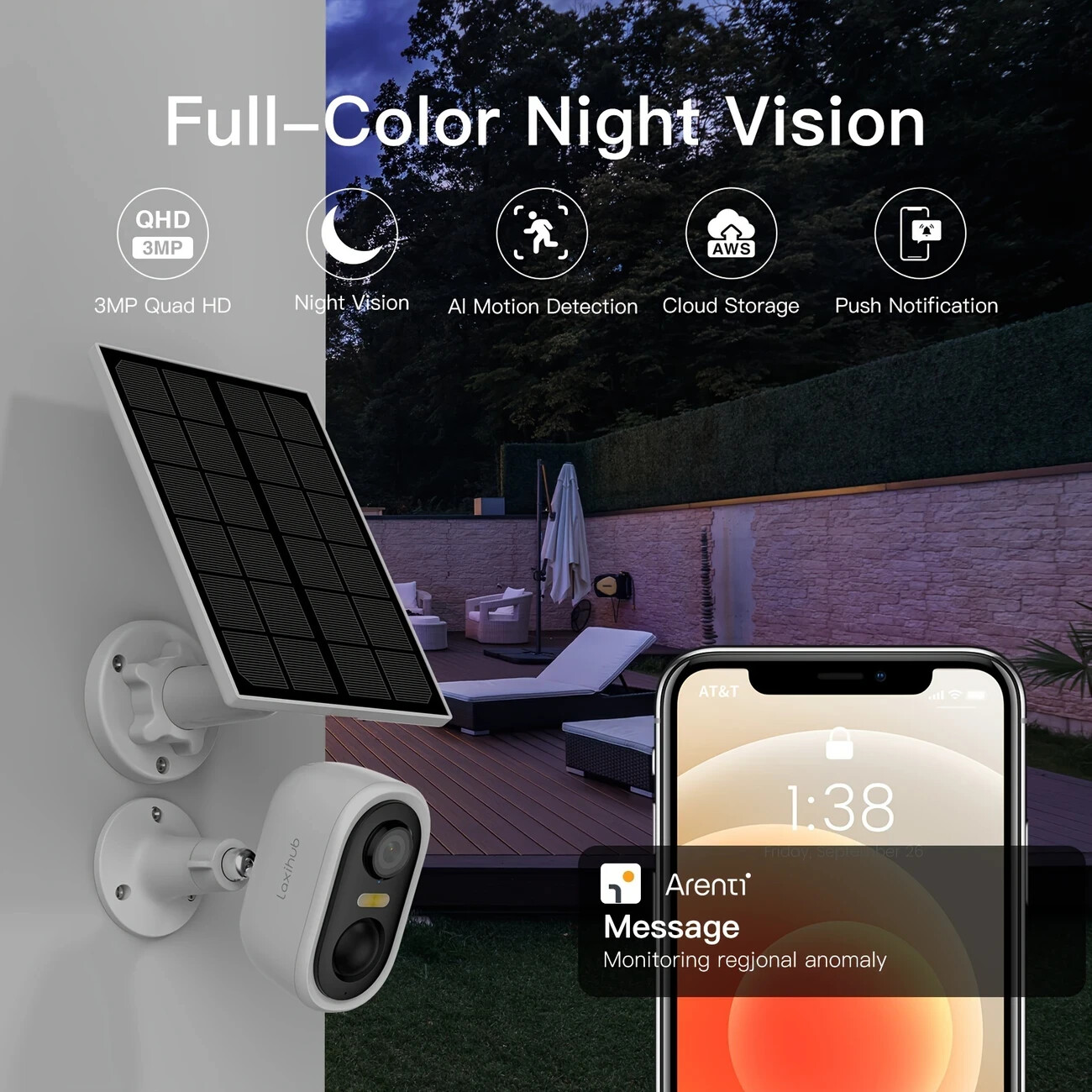 Solar Powered Outdoor Wireless Security Camera, 2K 3MP Video Resolution, Battery