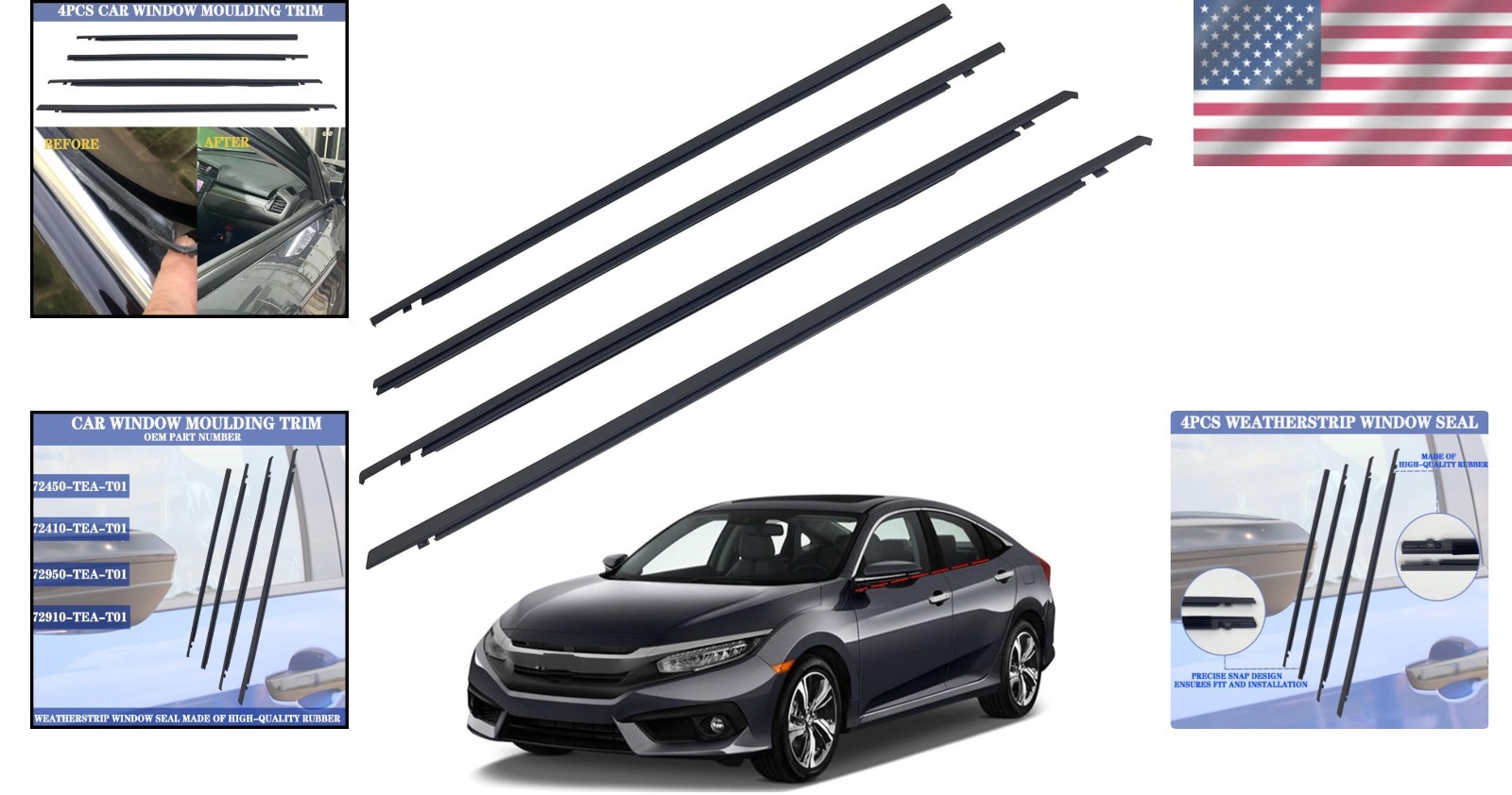Window Weatherstrip Compatible with Honda Civic Hatchback 2016-2019 Replaces ...