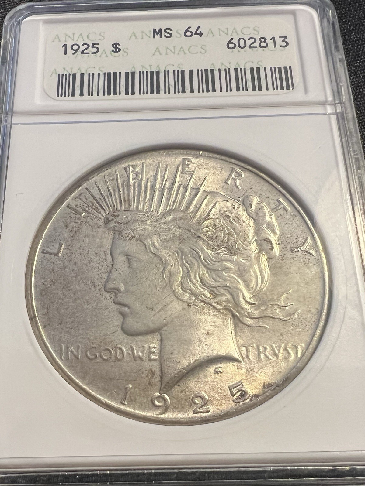 1925-P Peace Silver Dollar -- ANACS MS64 -- old Soapbox Holder!