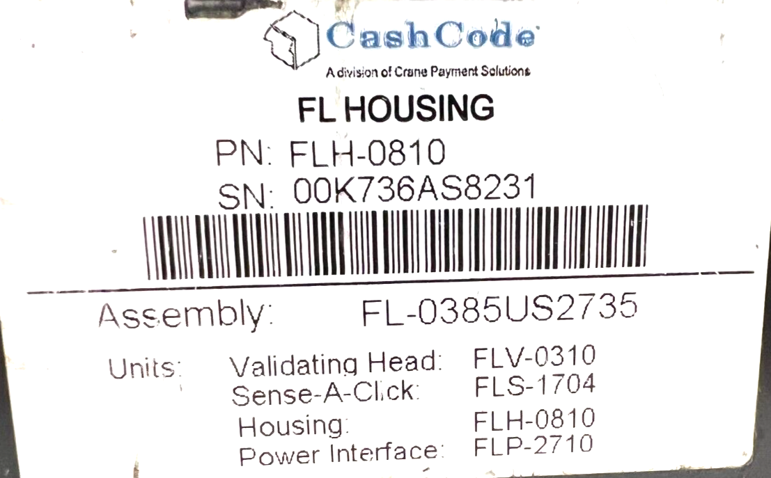 CASH CODE FRONT LOAD BILL VALIDATOR FL-0385US2735
