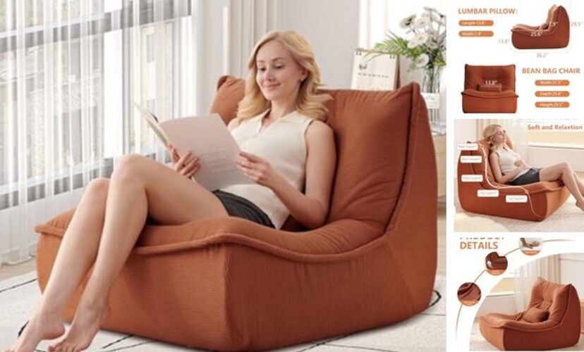 Bean Bag Chair for Adults, Single Lounge Chair with Lumbar Pillow, Comfy Orange