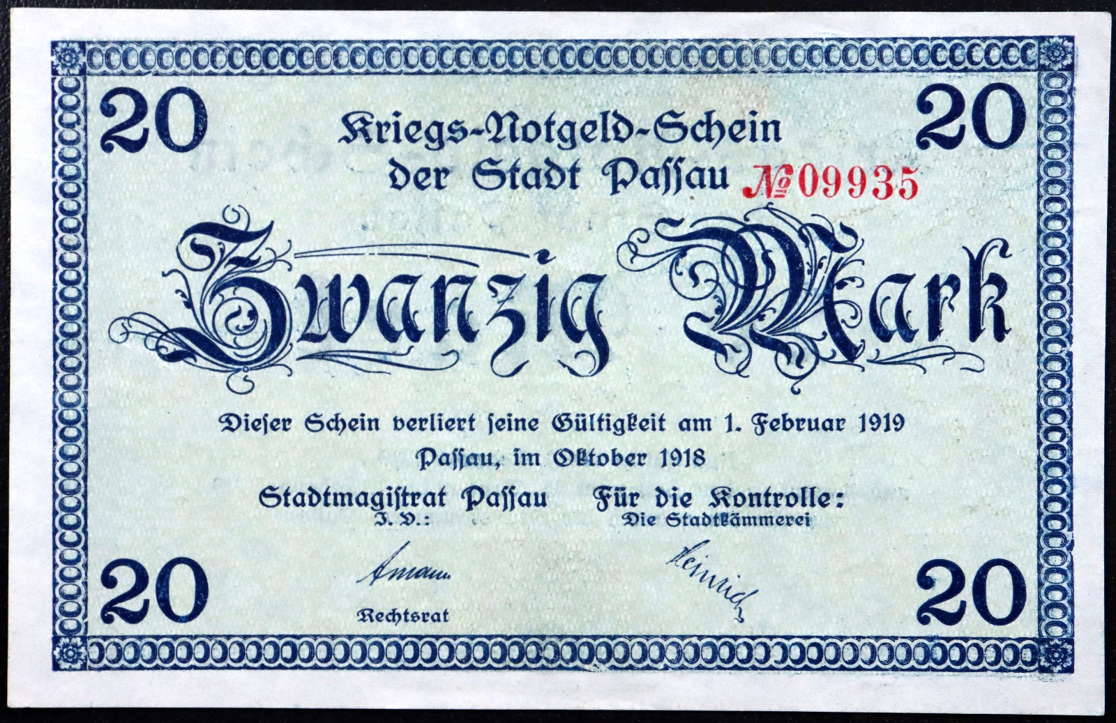 PASSAU 1918 20 Mark Grossnotgeld WWI German Notgeld Banknote