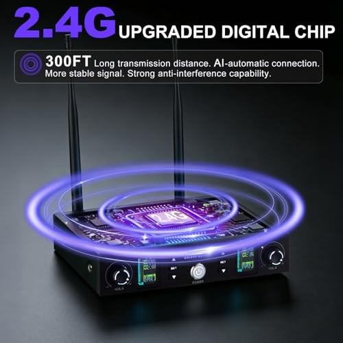 Wireless Microphone System, Upgraded 2.4GHz Rechargeable Professional AI