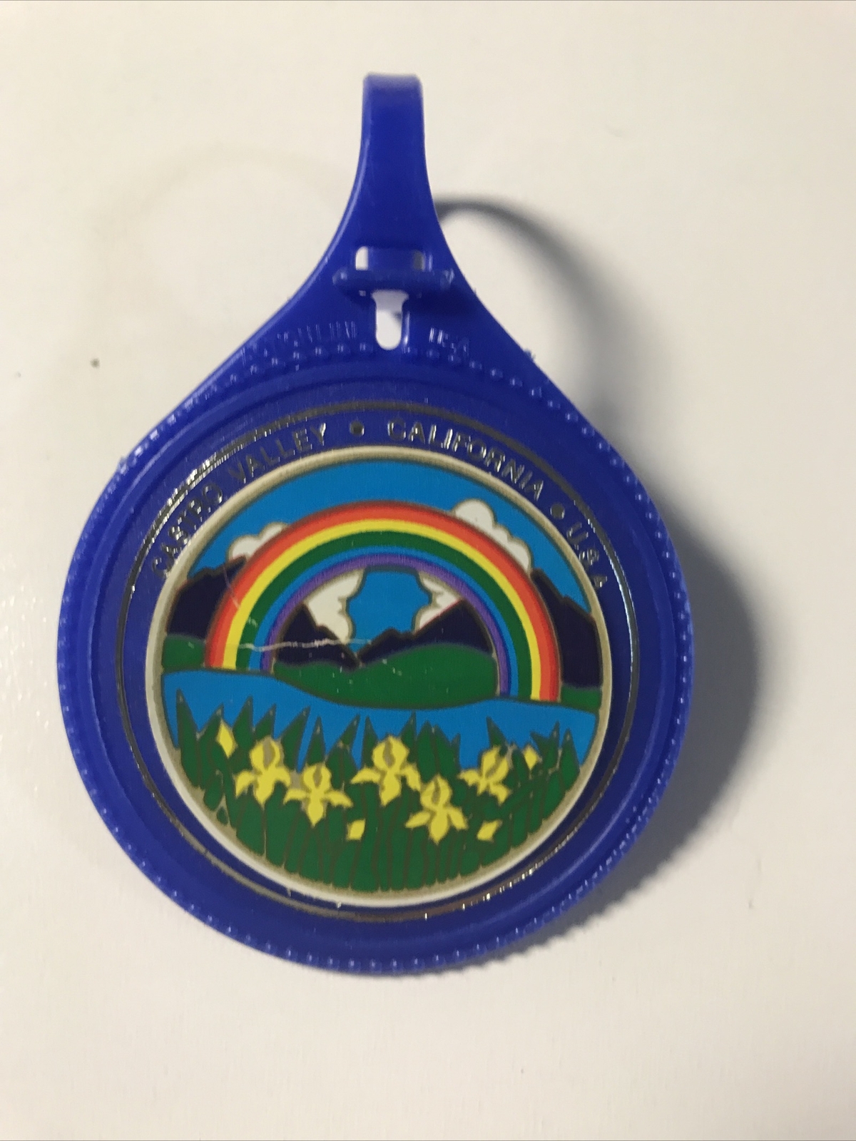Vintage 1980's Blue Luggage Tag Castro Valley, California Rainbow