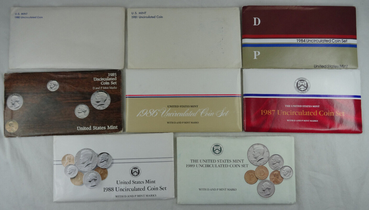 1980-1989 US Mint Sets 86 Coins Lot of 8 OGP Original Envelope COA Uncirculated