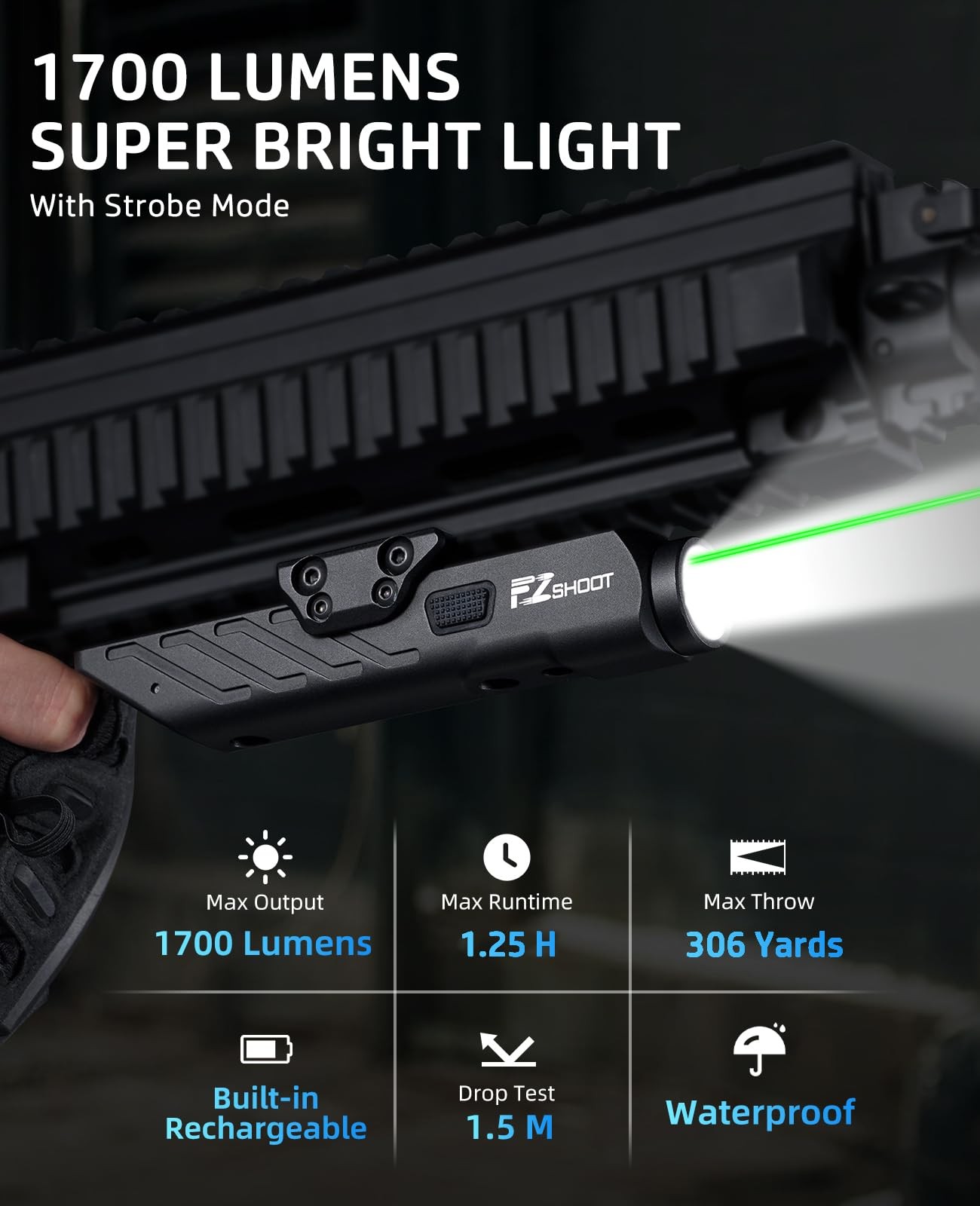 Laser Light Combo 1700 Lumens Green Magnetic Rechargeable Strobe Mode