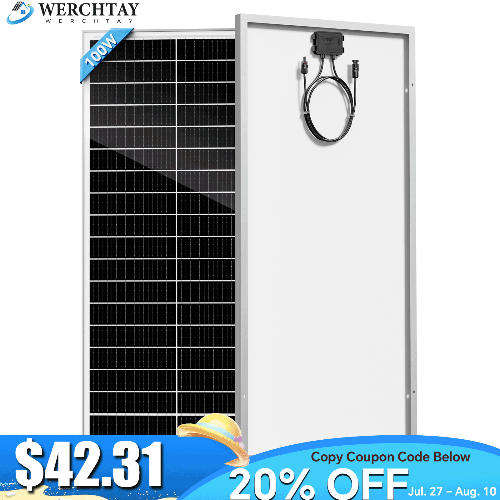 100W Monocrystalline Solar Panel 12V Charger Car RV Camping Home Off-Grid 18BB