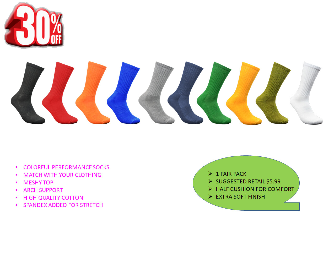 Men's Athletic Running Cushion Moisture Cotton Wicking Athletic Crew Socks, Lot