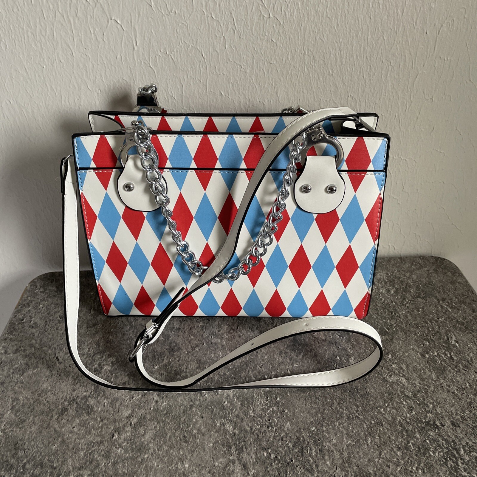 Blue & Red Checkered Clown Women’s Purse With Handcuffs NEW With Tags